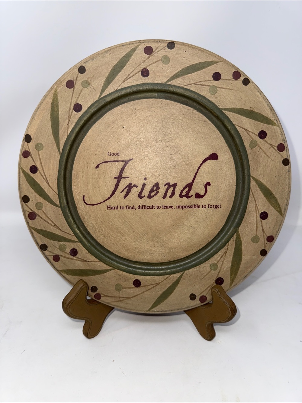 Decorative Plate Friends Quote Beige Tan Berry Vine W Stand Rustic Decor 9.5 in
